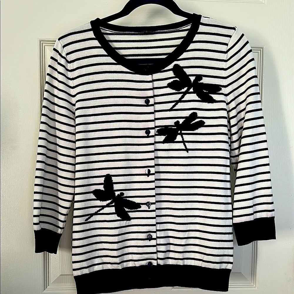 Talbots Knit Cardigan Sz M Striped Dark Blue and White with Dragonfly Design EUC